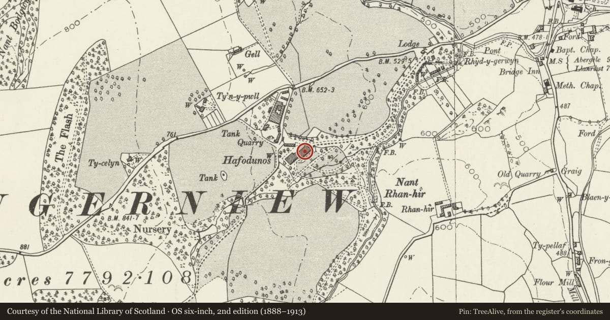Ordnance Survey six-inch map, 2nd edition (1888–1913) covering the location of Hafodunos Hall, Llangernyw, Conwy, with a pin at the register's coordinates