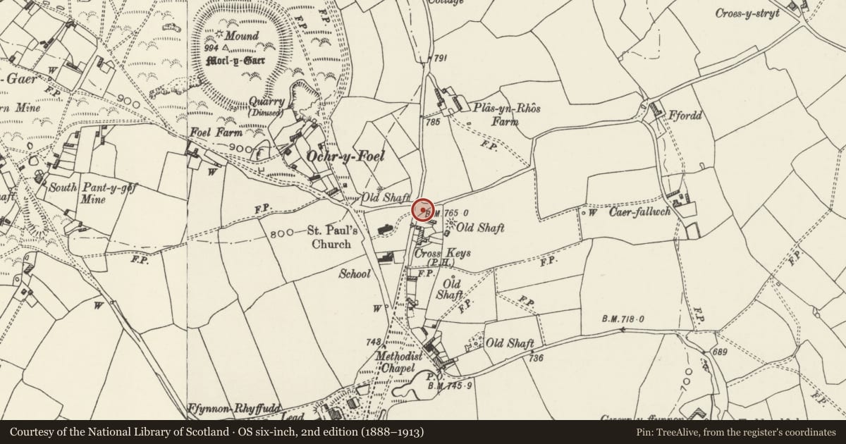 Ordnance Survey six-inch map, 2nd edition (1888–1913) covering the location of Rhosesmor war memorial, Halkyn, Flintshire, with a pin at the register's coordinates