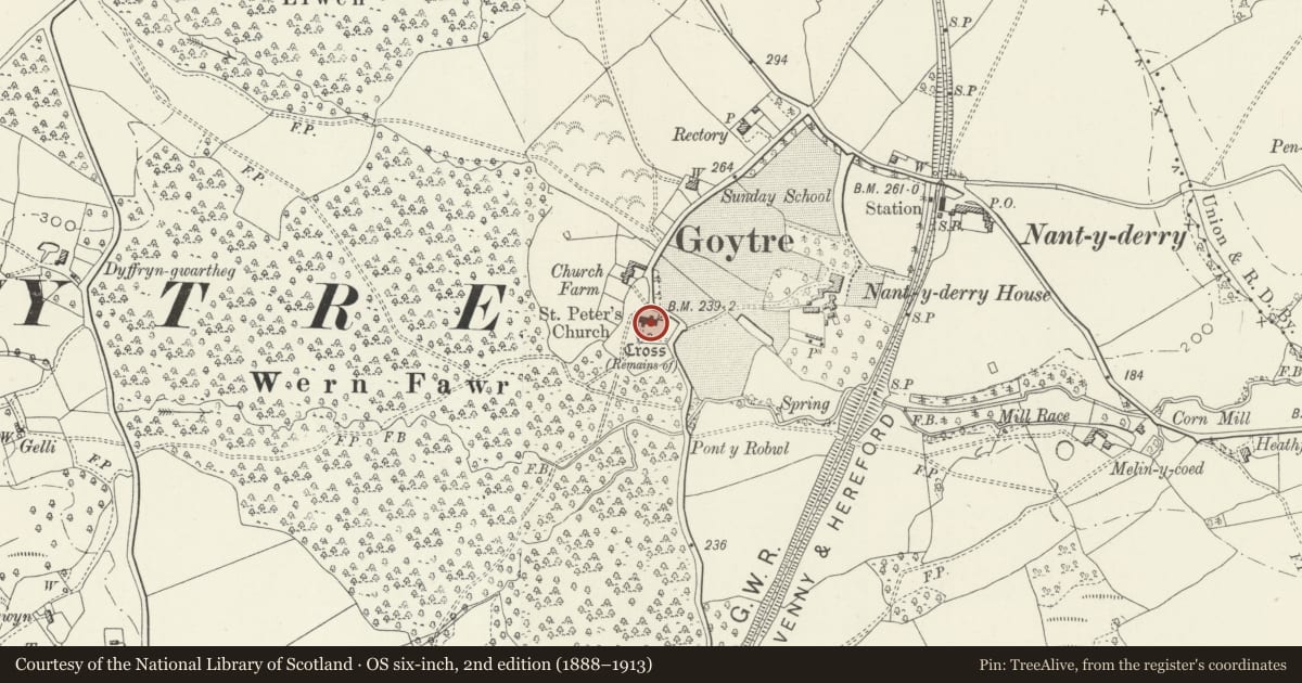 Ordnance Survey six-inch map, 2nd edition (1888–1913) covering the location of Church of St Peter, Goetre Fawr, Monmouthshire, with a pin at the register's coordinates