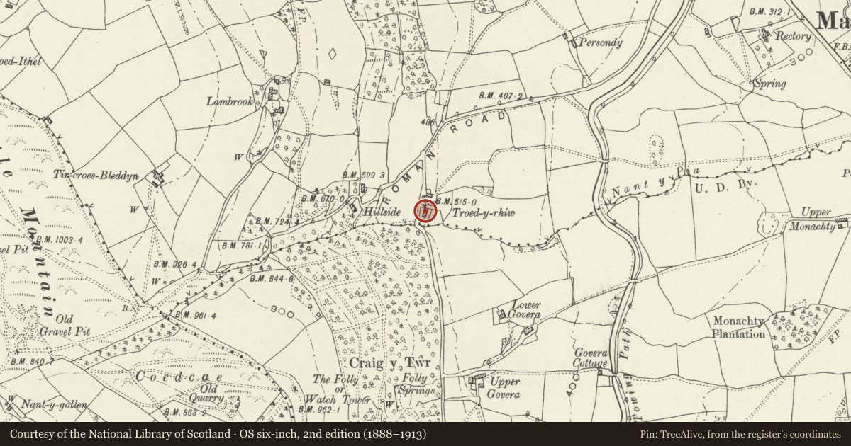 Ordnance Survey six-inch map, 2nd edition (1888–1913) covering the location of Troed-y-Rhiw, Goetre Fawr, Monmouthshire, with a pin at the register's coordinates