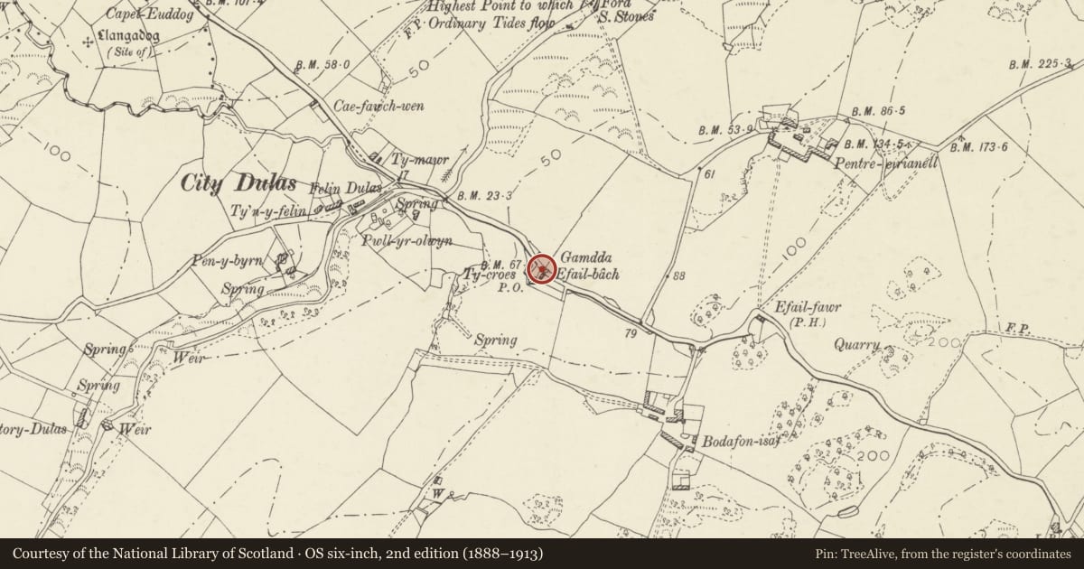 Ordnance Survey six-inch map, 2nd edition (1888–1913) covering the location of Efail Bach, Moelfre, Isle of Anglesey, with a pin at the register's coordinates