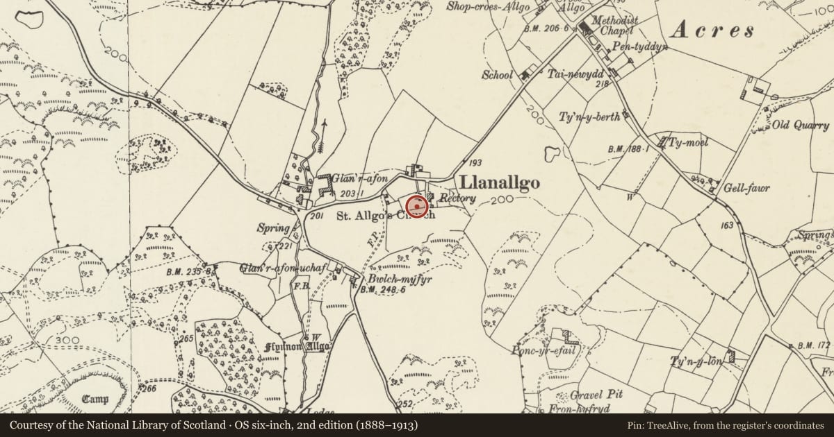 Ordnance Survey six-inch map, 2nd edition (1888–1913) covering the location of Royal Charter Memorial, Moelfre, Isle of Anglesey, with a pin at the register's coordinates