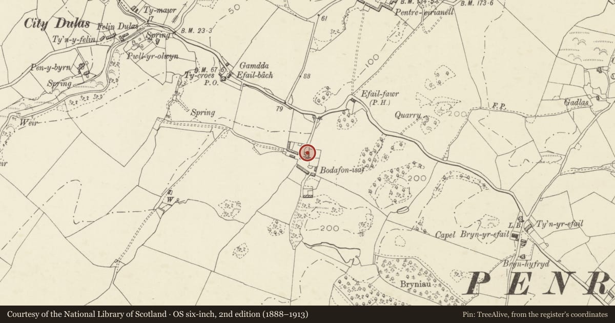 Ordnance Survey six-inch map, 2nd edition (1888–1913) covering the location of Bodafon Isaf and attached agricultural range, Moelfre, Isle of Anglesey, with a pin at the register's coordinates