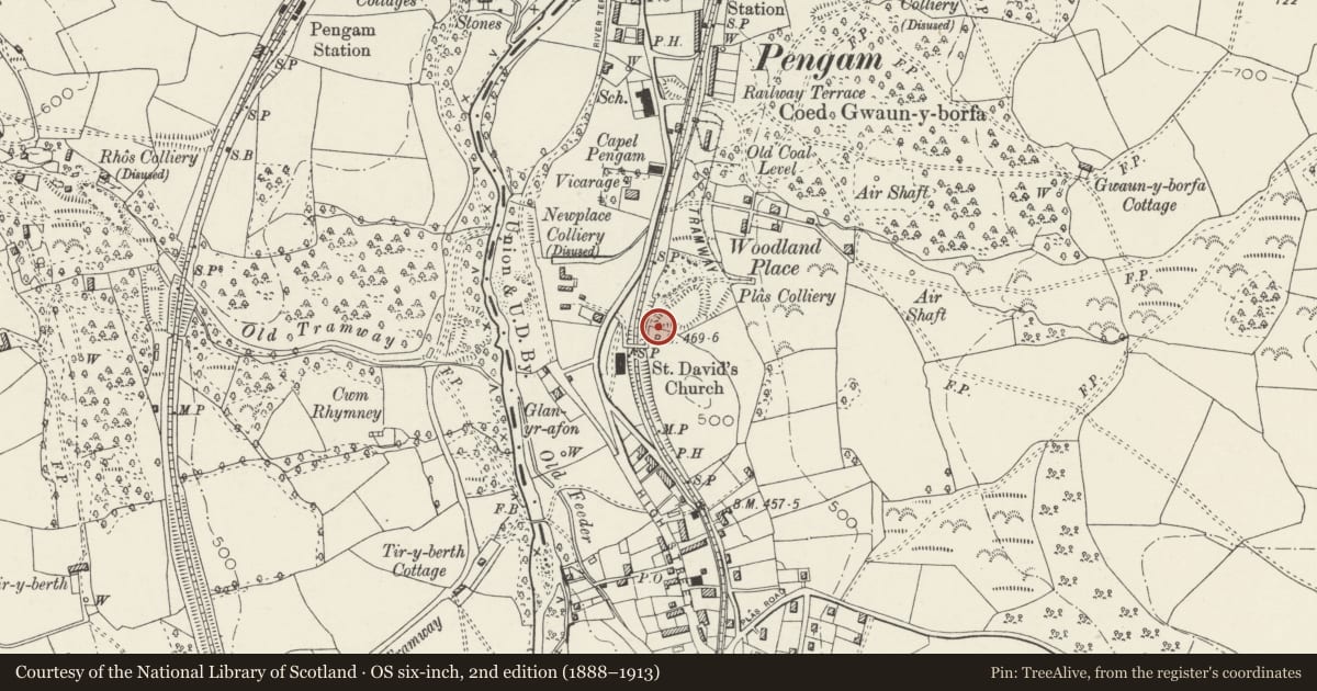 Ordnance Survey six-inch map, 2nd edition (1888–1913) covering the location of Pengam & Fleur de Lis war memorial, Caerphilly, with a pin at the register's coordinates