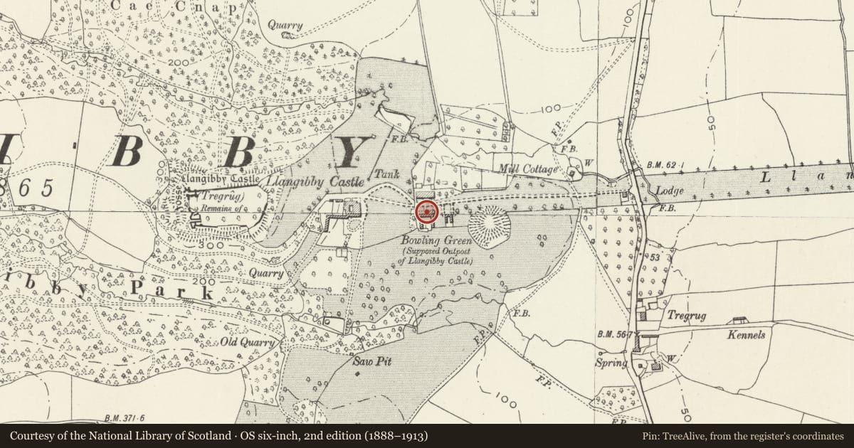 Ordnance Survey six-inch map, 2nd edition (1888–1913) covering the location of South Stable Range at Llangybi Castle Farm, Monmouthshire, with a pin at the register's coordinates