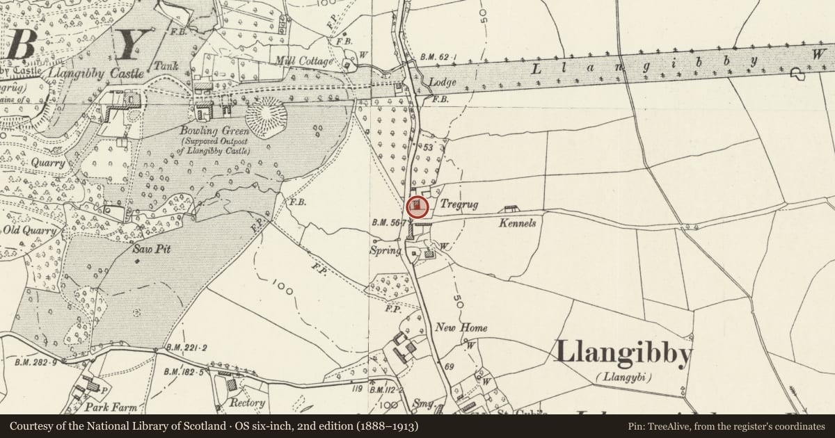 Ordnance Survey six-inch map, 2nd edition (1888–1913) covering the location of Tregrug Farmhouse, Llangybi, Monmouthshire, with a pin at the register's coordinates