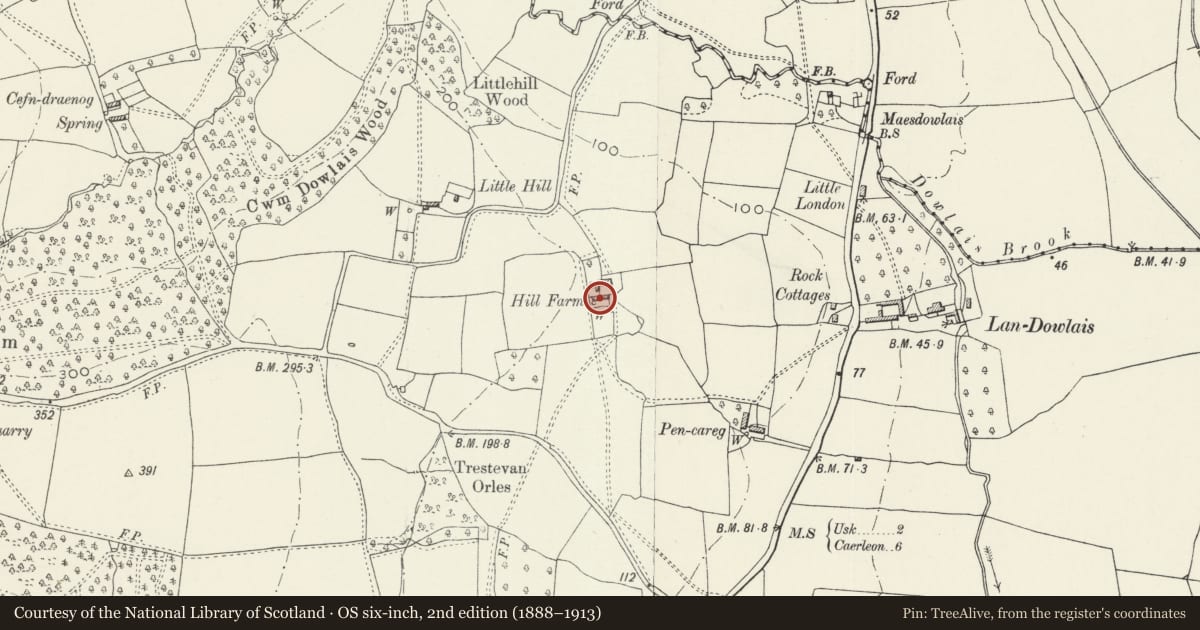 Ordnance Survey six-inch map, 2nd edition (1888–1913) covering the location of Hill Farmhouse, Llangybi, Monmouthshire, with a pin at the register's coordinates