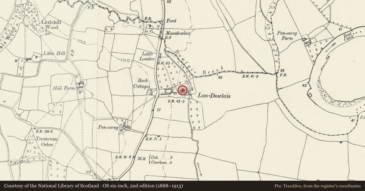 Ordnance Survey six-inch map, 2nd edition (1888–1913) covering the location of Llandowlais Farmhouse, Llangybi, Monmouthshire, with a pin at the register's coordinates