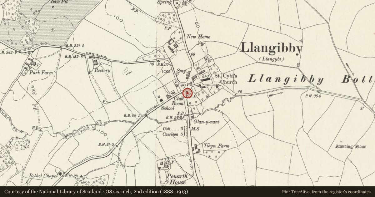 Ordnance Survey six-inch map, 2nd edition (1888–1913) covering the location of Walnut Tree Cottage, Llangybi, Monmouthshire, with a pin at the register's coordinates