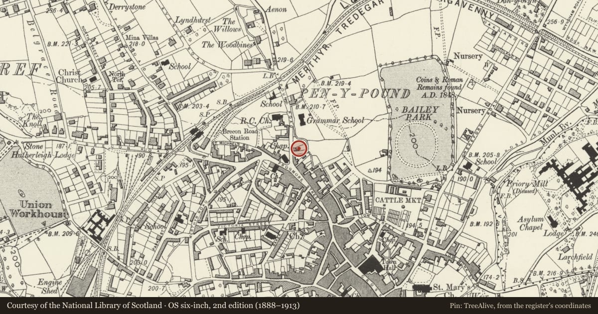 Ordnance Survey six-inch map, 2nd edition (1888–1913) covering the location of Alandale, including attached wall and railings, Abergavenny, Monmouthshire, with a pin at the register's coordinates