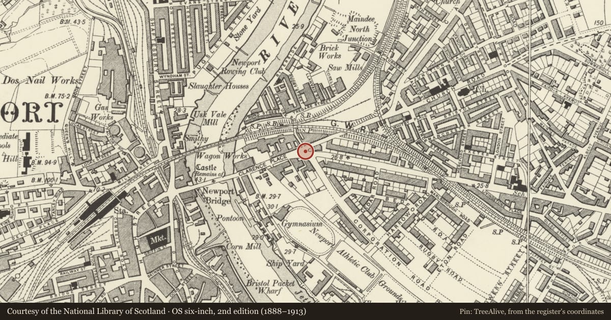 Ordnance Survey six-inch map, 2nd edition (1888–1913) covering the location of War Memorial, Victoria, Newport, with a pin at the register's coordinates