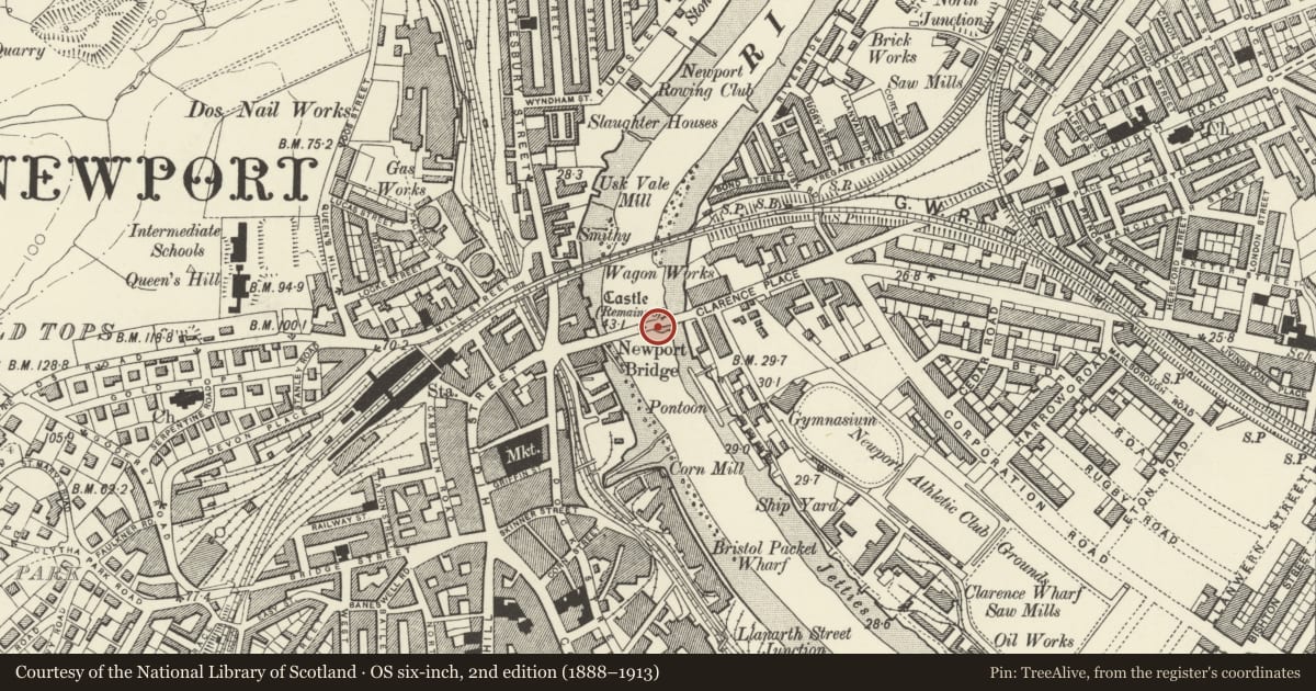 Ordnance Survey six-inch map, 2nd edition (1888–1913) covering the location of Newport Bridge (partly in St Julians and Stow Hill communities), Victoria, Newport, with a pin at the register's coordinates