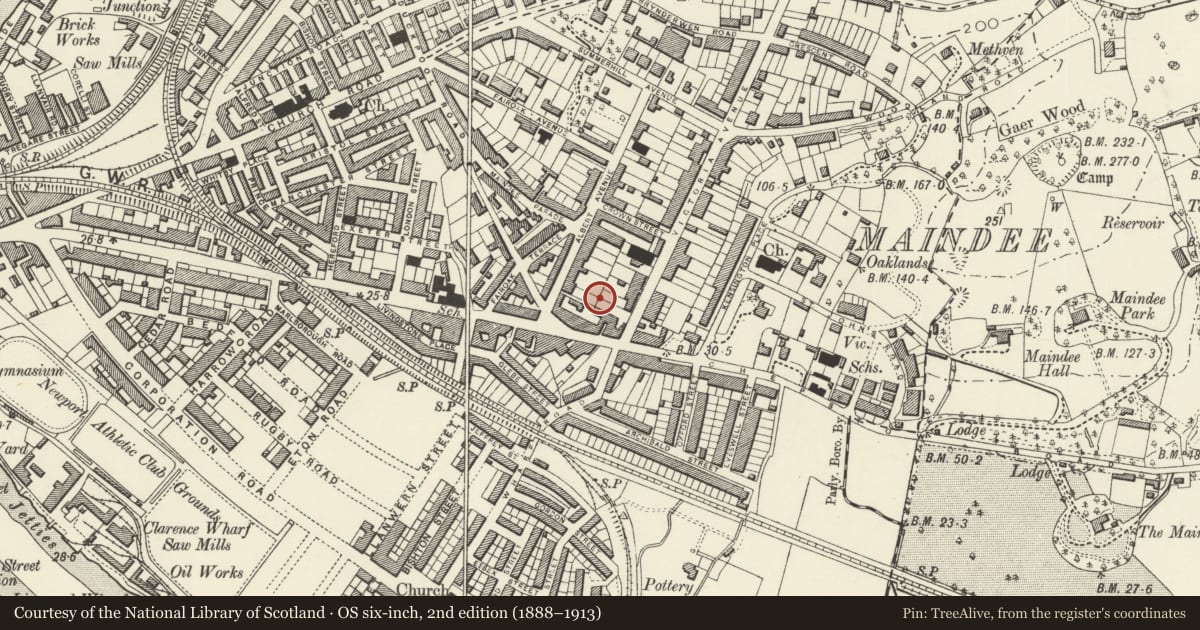 Ordnance Survey six-inch map, 2nd edition (1888–1913) covering the location of Maindee Pools, including Forecourt Walls and Railings, Victoria, Newport, with a pin at the register's coordinates