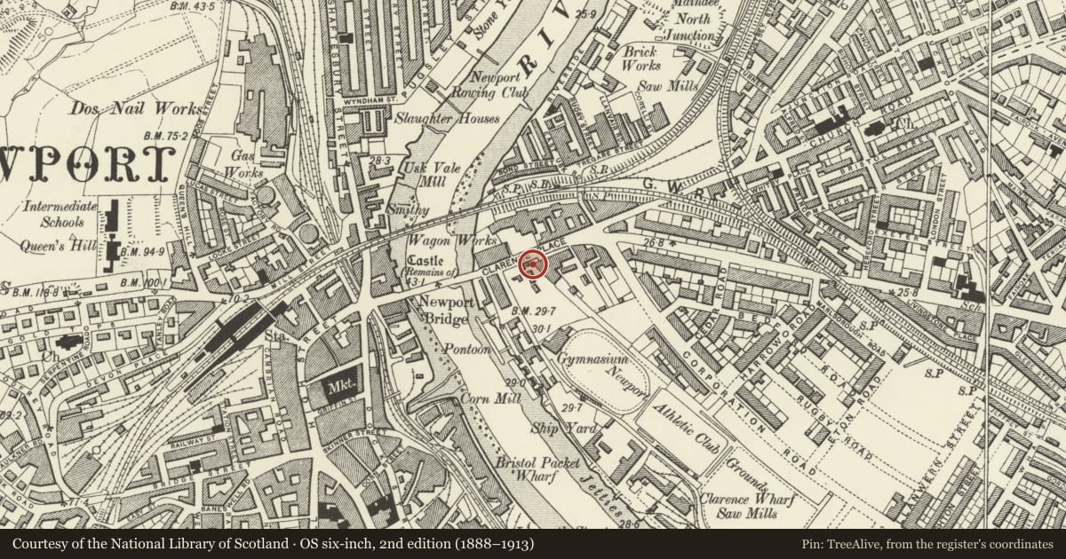 Ordnance Survey six-inch map, 2nd edition (1888–1913) covering the location of Nos.10-18 Clarence Place (inclusive), Victoria, Newport, with a pin at the register's coordinates