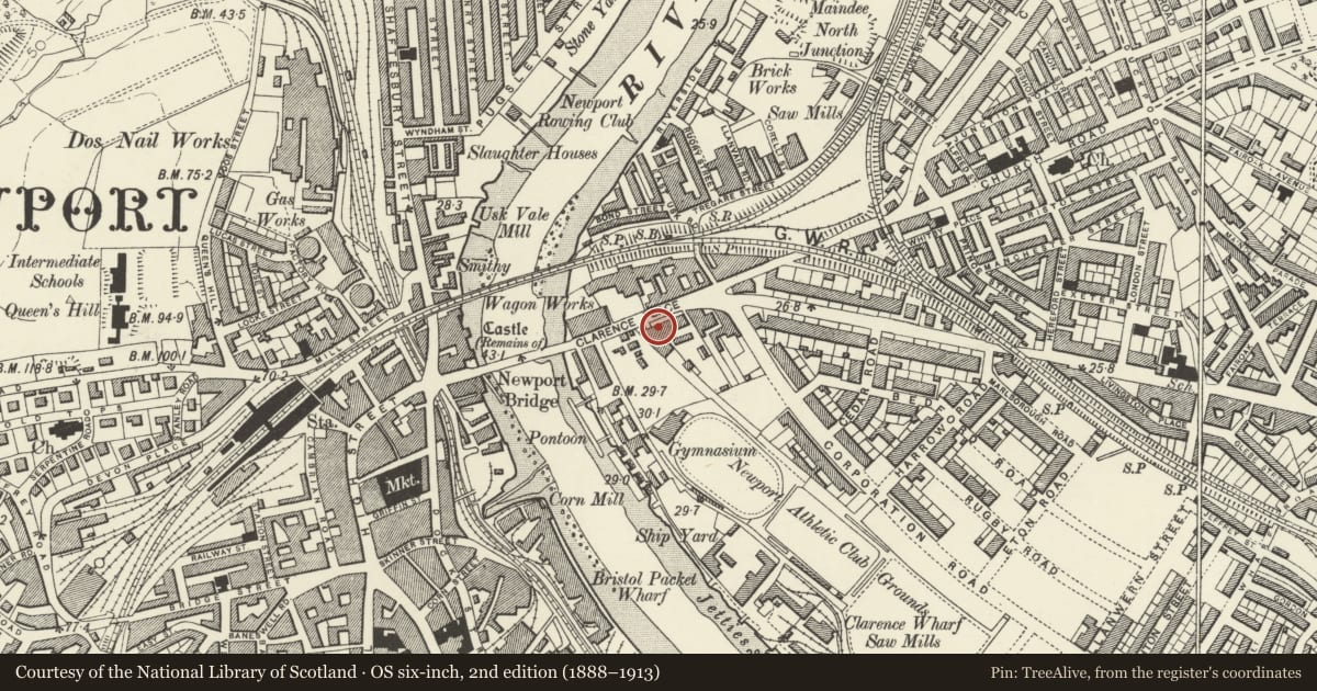 Ordnance Survey six-inch map, 2nd edition (1888–1913) covering the location of Nos.20-34 Clarence Place (evens), Victoria, Newport, with a pin at the register's coordinates