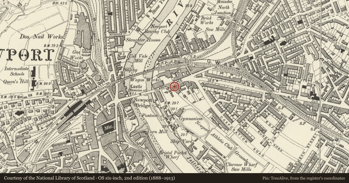 Ordnance Survey six-inch map, 2nd edition (1888–1913) covering the location of Nos.10-18 Clarence Place (evens), Victoria, Newport, with a pin at the register's coordinates