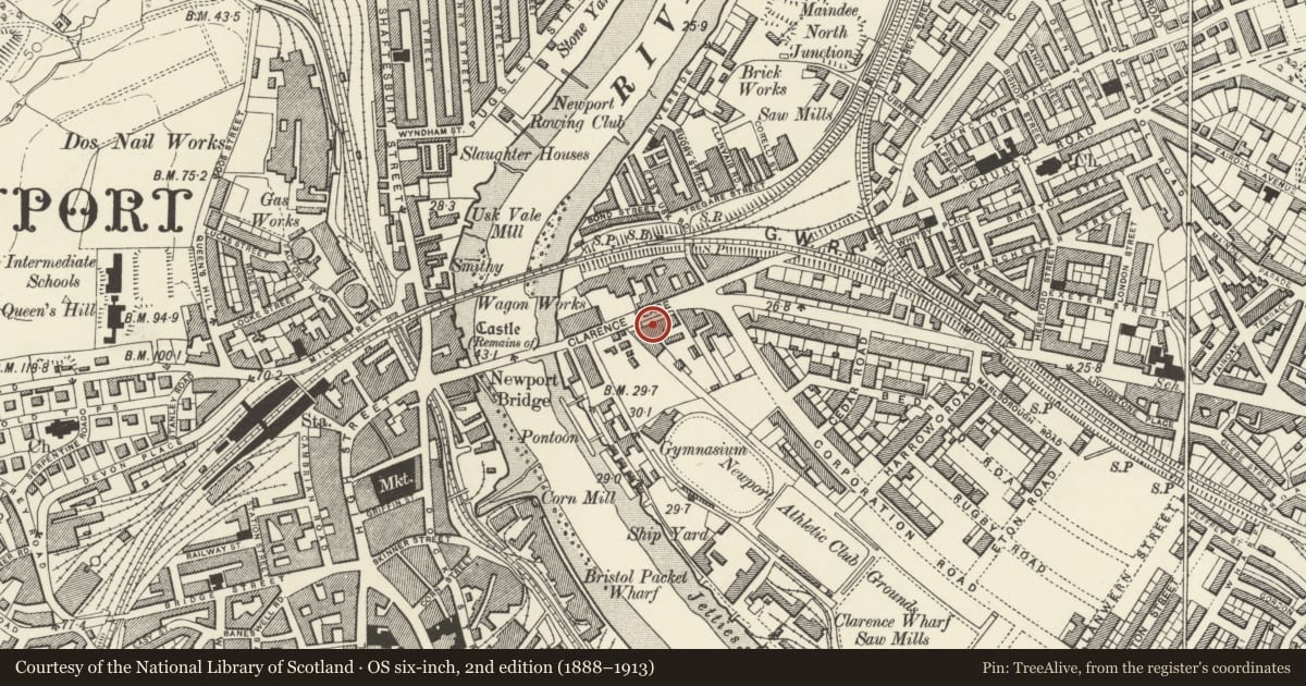 Ordnance Survey six-inch map, 2nd edition (1888–1913) covering the location of Nos.20-34 Clarence Place (evens), Victoria, Newport, with a pin at the register's coordinates