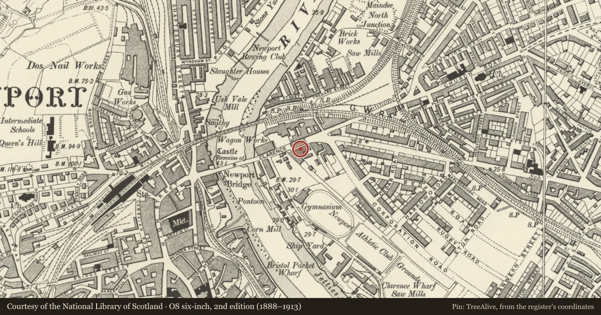 Ordnance Survey six-inch map, 2nd edition (1888–1913) covering the location of Nos.20-34 Clarence Place (evens), Victoria, Newport, with a pin at the register's coordinates