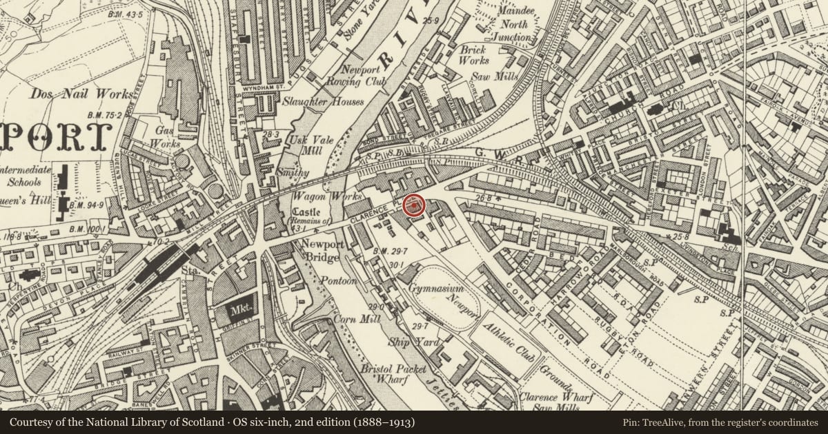 Ordnance Survey six-inch map, 2nd edition (1888–1913) covering the location of Nos.20-34 Clarence Place (evens), Victoria, Newport, with a pin at the register's coordinates