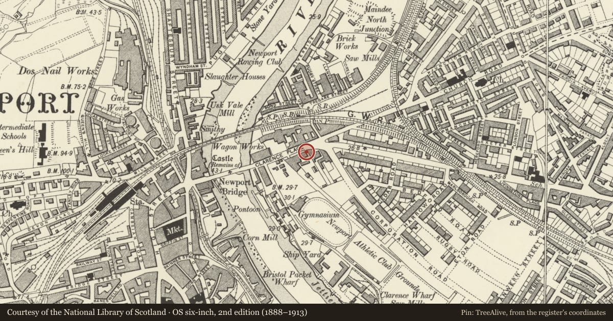 Ordnance Survey six-inch map, 2nd edition (1888–1913) covering the location of Nos.20-34 Clarence Place (evens), Victoria, Newport, with a pin at the register's coordinates