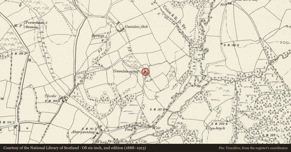Ordnance Survey six-inch map, 2nd edition (1888–1913) covering the location of Barn at Gwenlais-uchaf, Pontlliw and Tircoed, Swansea, with a pin at the register's coordinates