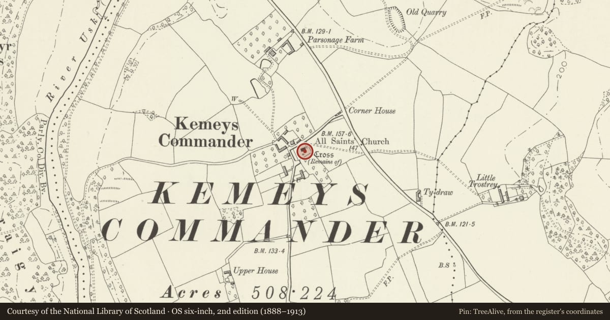 Ordnance Survey six-inch map, 2nd edition (1888–1913) covering the location of Church of All Saints, Llanarth, Monmouthshire, with a pin at the register's coordinates