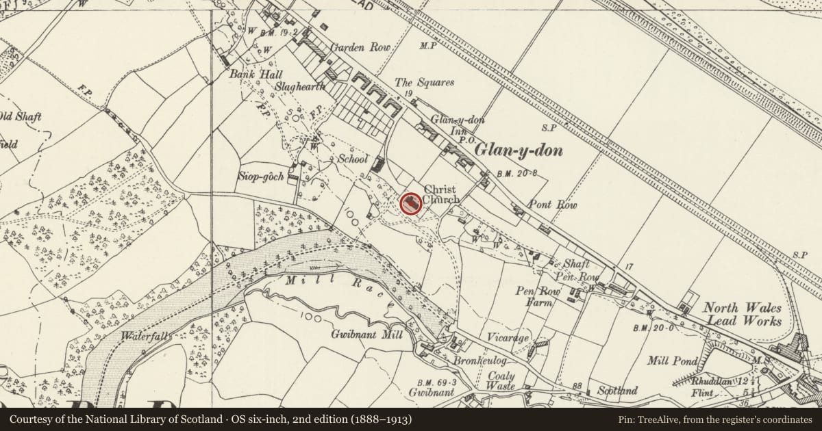 Ordnance Survey six-inch map, 2nd edition (1888–1913) covering the location of Christ Church, Mostyn, Flintshire, with a pin at the register's coordinates