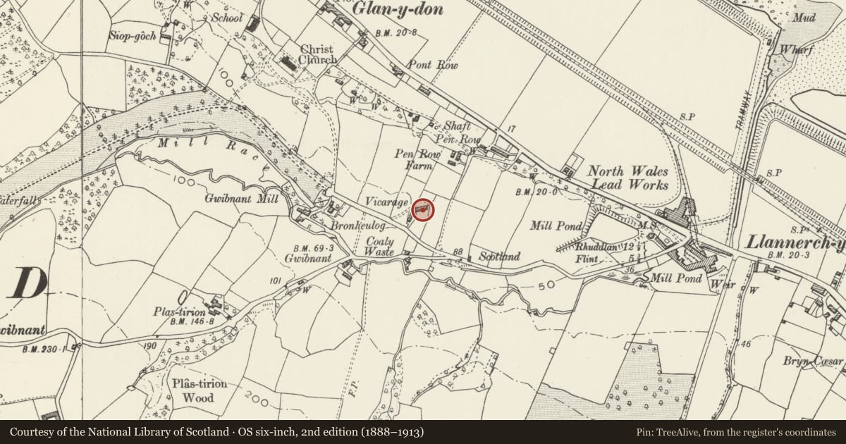 Ordnance Survey six-inch map, 2nd edition (1888–1913) covering the location of Penrho Hall, Mostyn, Flintshire, with a pin at the register's coordinates