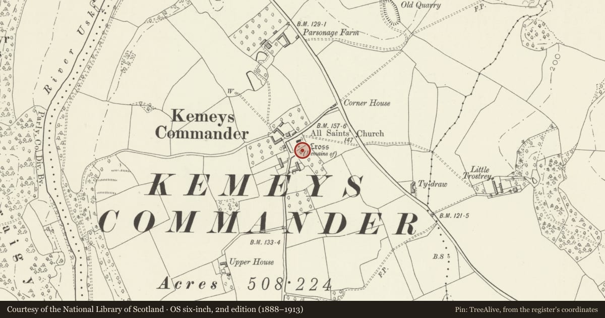 Ordnance Survey six-inch map, 2nd edition (1888–1913) covering the location of Churchyard wall, stiles and gate of churchyard of All Saints church, Llanarth, Monmouthshire, with a pin at the register's coordinates
