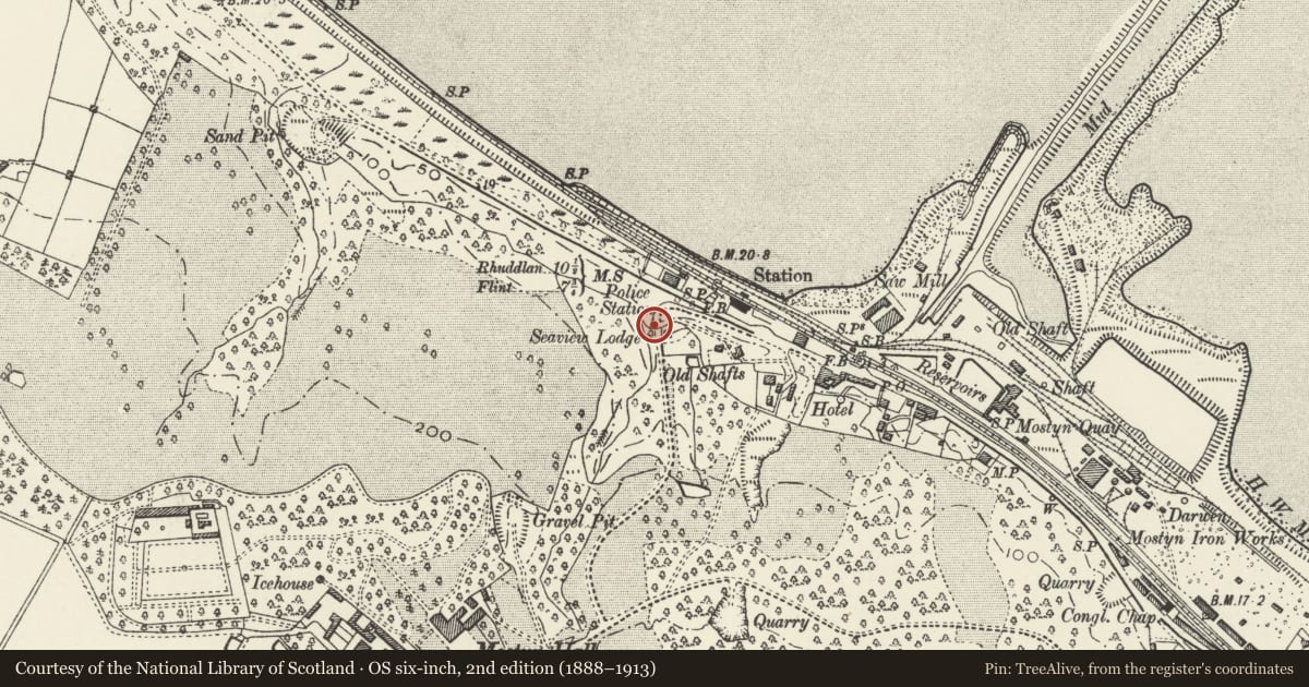 Ordnance Survey six-inch map, 2nd edition (1888–1913) covering the location of Gate piers, gates and railings at Seaview Lodge, Mostyn, Flintshire, with a pin at the register's coordinates