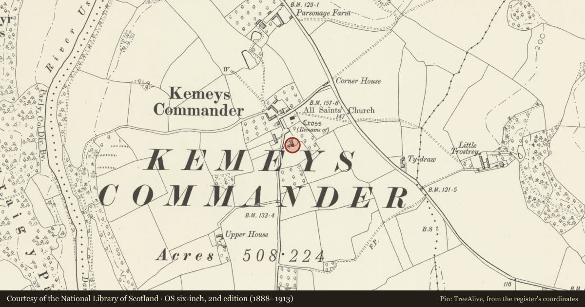 Ordnance Survey six-inch map, 2nd edition (1888–1913) covering the location of Church Farmhouse and attached barn, Llanarth, Monmouthshire, with a pin at the register's coordinates