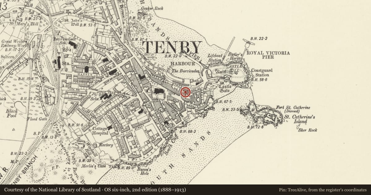 Ordnance Survey six-inch map, 2nd edition (1888–1913) covering the location of 2 Bridge Street, Tenby, Pembrokeshire, with a pin at the register's coordinates