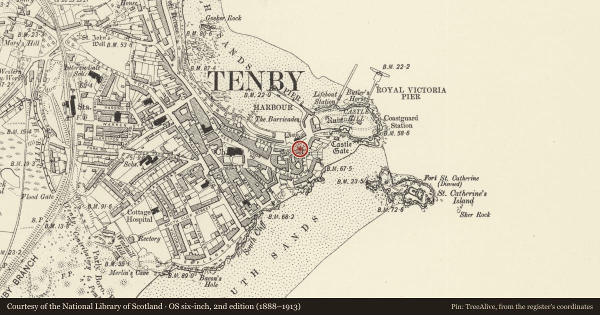 Ordnance Survey six-inch map, 2nd edition (1888–1913) covering the location of Kemendine and area railings, Tenby, Pembrokeshire, with a pin at the register's coordinates