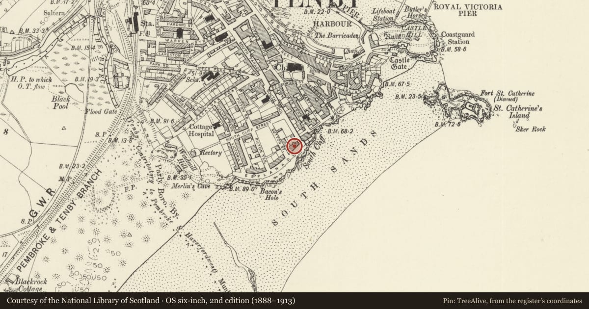 Ordnance Survey six-inch map, 2nd edition (1888–1913) covering the location of Buckingham House and area railings, Tenby, Pembrokeshire, with a pin at the register's coordinates
