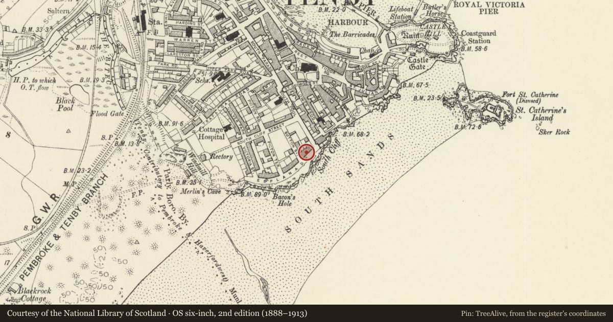 Ordnance Survey six-inch map, 2nd edition (1888–1913) covering the location of Hotel Panorama and area railings, Tenby, Pembrokeshire, with a pin at the register's coordinates