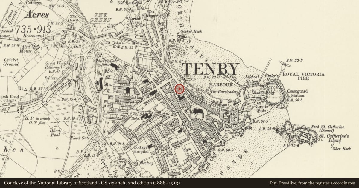 Ordnance Survey six-inch map, 2nd edition (1888–1913) covering the location of 7 High Street, Tenby, Pembrokeshire, with a pin at the register's coordinates