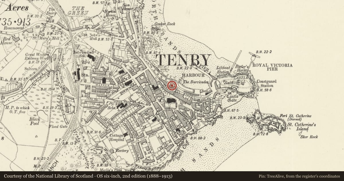Ordnance Survey six-inch map, 2nd edition (1888–1913) covering the location of No 9 Bellevue (Bellevue House), Tenby, Pembrokeshire, with a pin at the register's coordinates