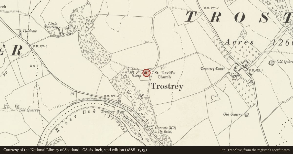 Ordnance Survey six-inch map, 2nd edition (1888–1913) covering the location of Church of Saint David, Llanarth, Monmouthshire, with a pin at the register's coordinates