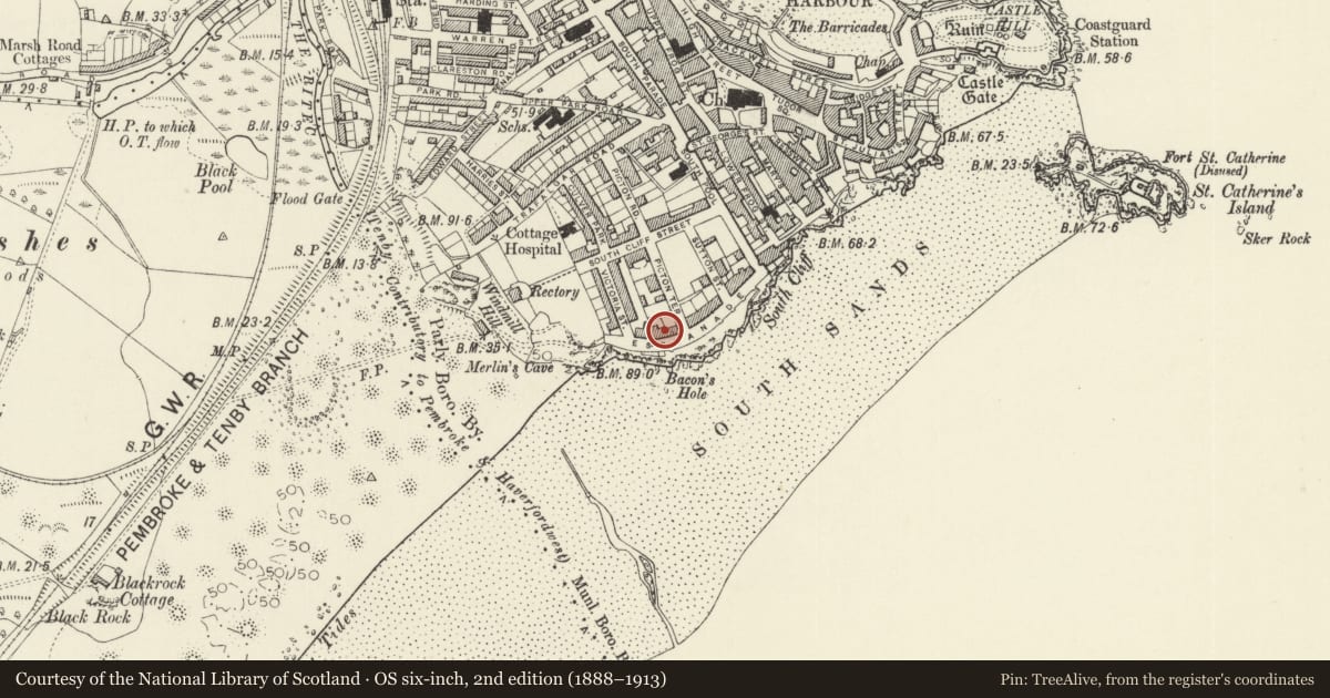 Ordnance Survey six-inch map, 2nd edition (1888–1913) covering the location of Connaught House and area railings, Tenby, Pembrokeshire, with a pin at the register's coordinates