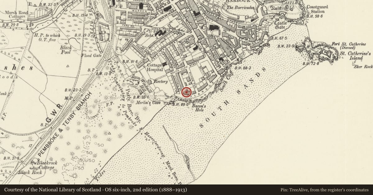 Ordnance Survey six-inch map, 2nd edition (1888–1913) covering the location of Belgrave Hotel and area railings, Tenby, Pembrokeshire, with a pin at the register's coordinates
