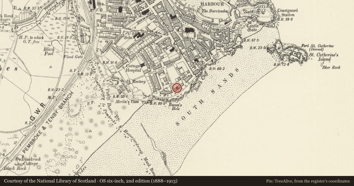 Ordnance Survey six-inch map, 2nd edition (1888–1913) covering the location of The Atlantic Hotel and area railings, Tenby, Pembrokeshire, with a pin at the register's coordinates