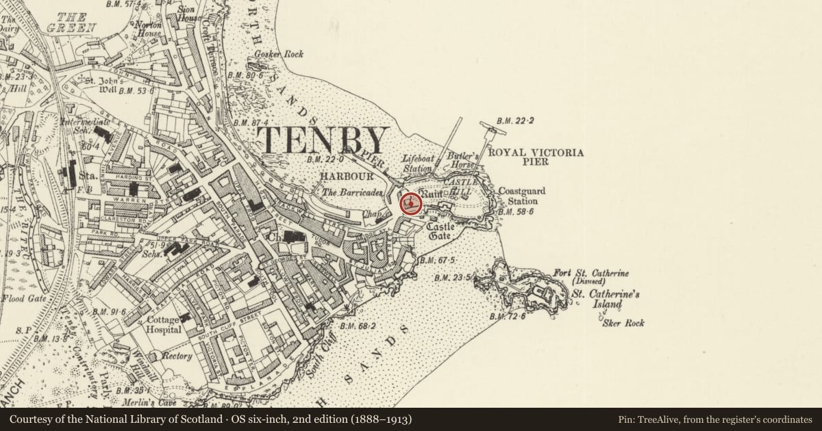 Ordnance Survey six-inch map, 2nd edition (1888–1913) covering the location of No 2 St Catherine's and area railings, Tenby, Pembrokeshire, with a pin at the register's coordinates
