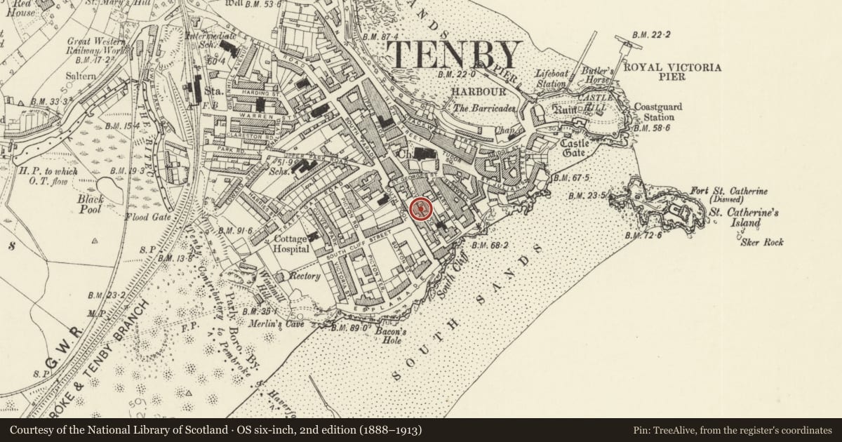 Ordnance Survey six-inch map, 2nd edition (1888–1913) covering the location of No 2 Lydstep Buildings, Tenby, Pembrokeshire, with a pin at the register's coordinates