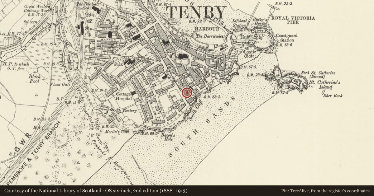 Ordnance Survey six-inch map, 2nd edition (1888–1913) covering the location of No 2 Frogmore Terrace, Tenby, Pembrokeshire, with a pin at the register's coordinates