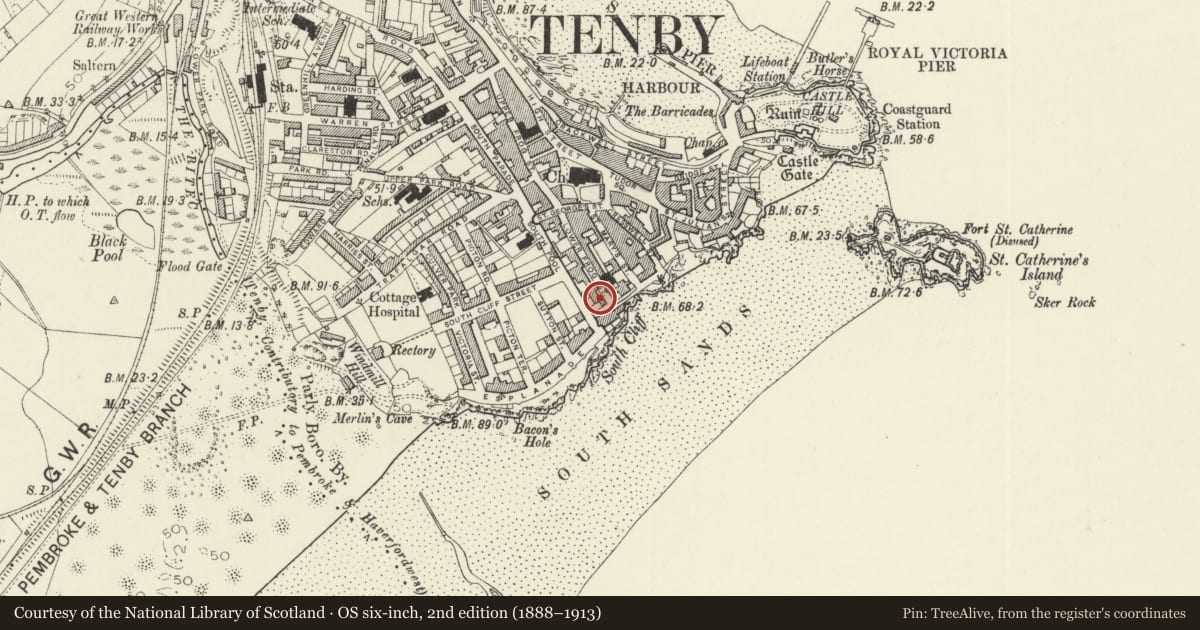 Ordnance Survey six-inch map, 2nd edition (1888–1913) covering the location of No 4 Frogmore Terrace, Tenby, Pembrokeshire, with a pin at the register's coordinates