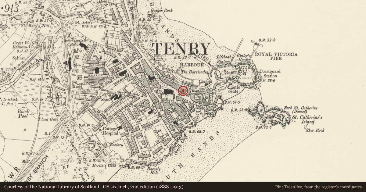 Ordnance Survey six-inch map, 2nd edition (1888–1913) covering the location of Brecknock House including rear elevations, Tenby, Pembrokeshire, with a pin at the register's coordinates