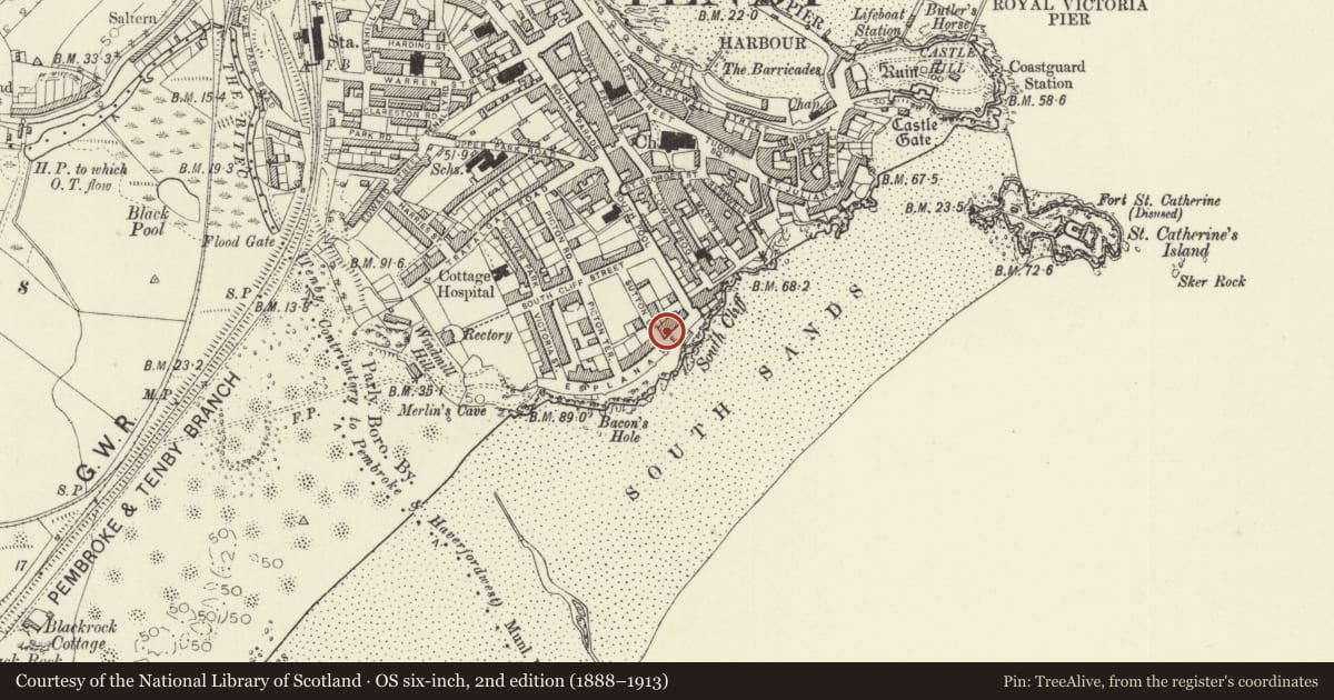 Ordnance Survey six-inch map, 2nd edition (1888–1913) covering the location of Carnock House and railings, Tenby, Pembrokeshire, with a pin at the register's coordinates