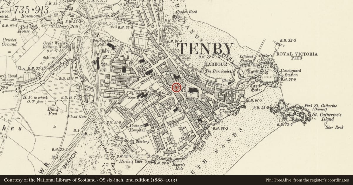 Ordnance Survey six-inch map, 2nd edition (1888–1913) covering the location of Premises occupied by All A Pound, Tenby, Pembrokeshire, with a pin at the register's coordinates
