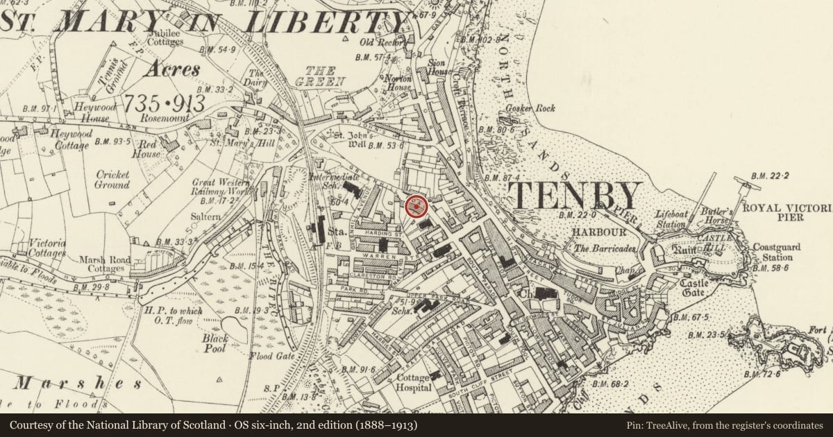 Ordnance Survey six-inch map, 2nd edition (1888–1913) covering the location of No 9 Deer Park (Glenthorne), Tenby, Pembrokeshire, with a pin at the register's coordinates