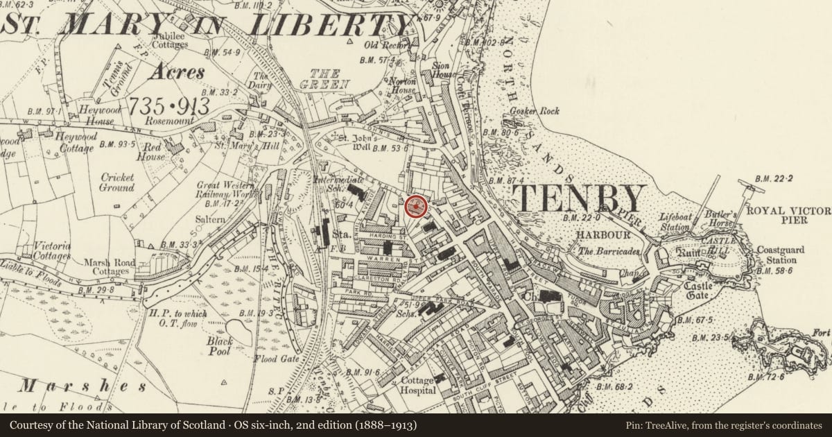 Ordnance Survey six-inch map, 2nd edition (1888–1913) covering the location of No 11 Deer Park, Tenby, Pembrokeshire, with a pin at the register's coordinates